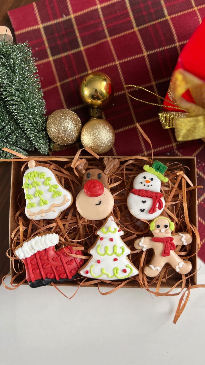 Caixa de presente com biscoitos decorados de Natal — rena, boneco de neve, árvore e boneco de gengibre — sobre palha