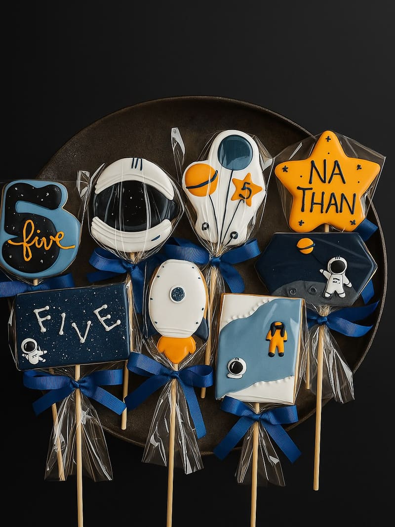 Kit de biscoitos decorados com tema astronauta — foguete, capacete, planeta e uma estrela com o nome Nathan — embalados individualmente com laço azul
