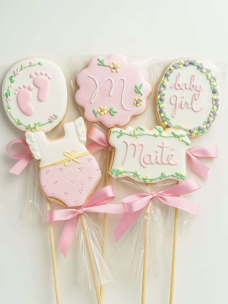 Biscoitos de chá de bebê em rosa claro: pezinho, macacão, coroa de flores e o nome Maitê, montados em palito com laço
